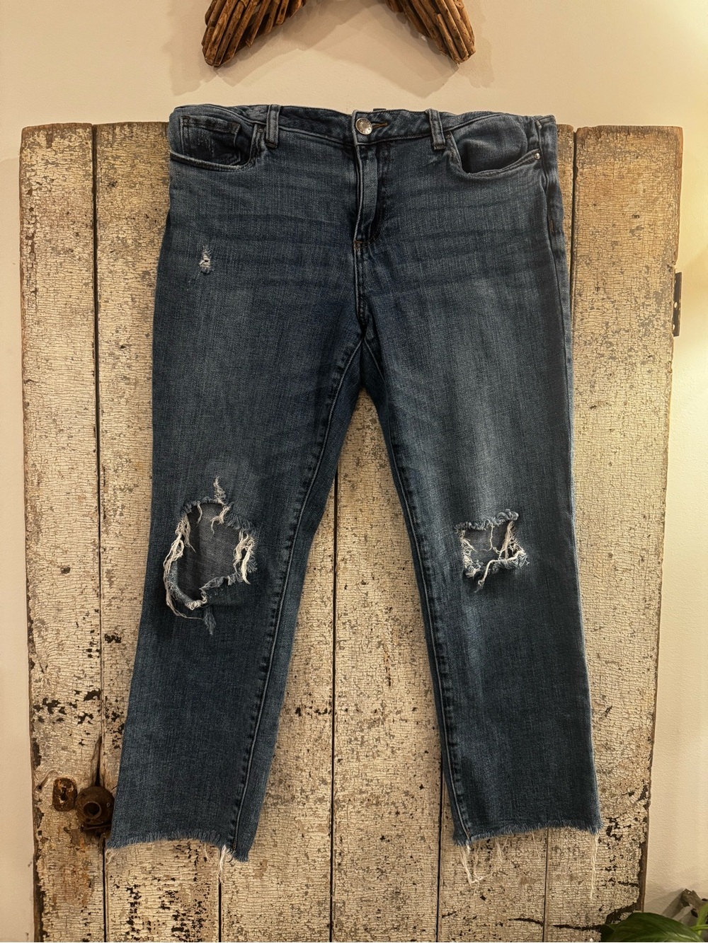 KUT from the Kloth Reese Ankle Straight Leg Jeans Size 10 Distressed Raw Hem